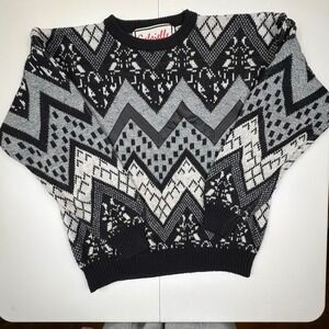 Gabrielle Mens Geometric Pattern Crew Neck Sweater Black Gray White Leather Trim